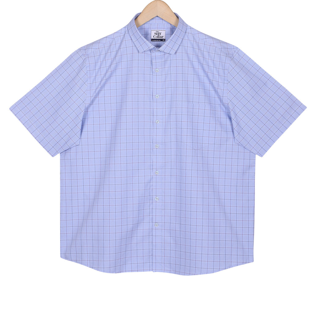 Luthai Capetown Blue Glen Plaid Checks Half Sleeve 2 Ply Giza Cotton Shirt