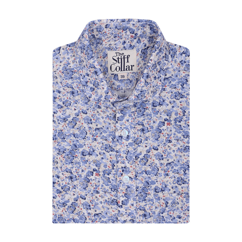 Summer Blue Cotton Linen Floral Print Half Sleeves Shirt