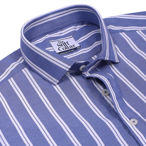 Monti French Navy Blue Stripes Satin Half Sleeve Shirt