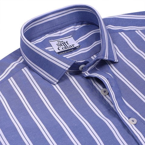 Luthai Regent Blue Stripes Half Sleeve 2 Ply Giza Cotton Shirt
