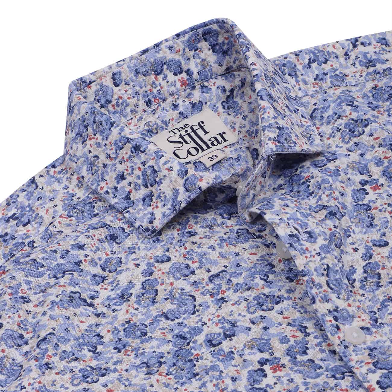Summer Blue Cotton Linen Floral Print Half Sleeves Shirt