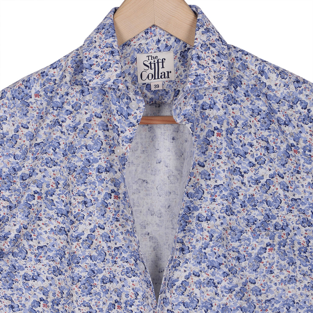 Summer Blue Cotton Linen Floral Print Half Sleeves Shirt