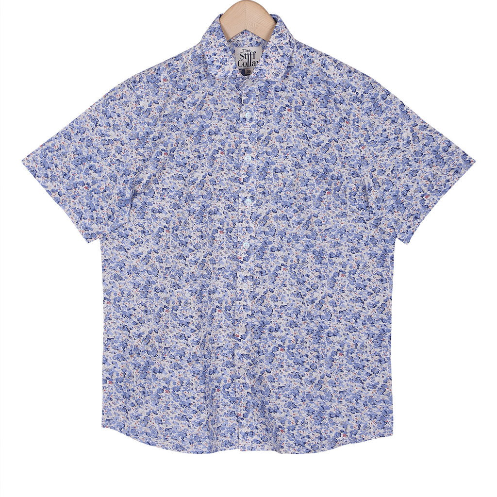 Summer Blue Cotton Linen Floral Print Half Sleeves Shirt