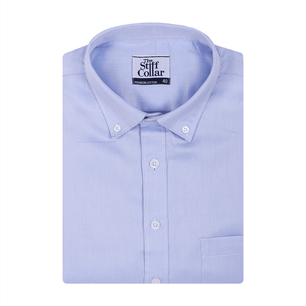 Elvis Blue Herringbone Wrinkle Free Button Down 2 Ply Premium Giza Cotton Shirt
