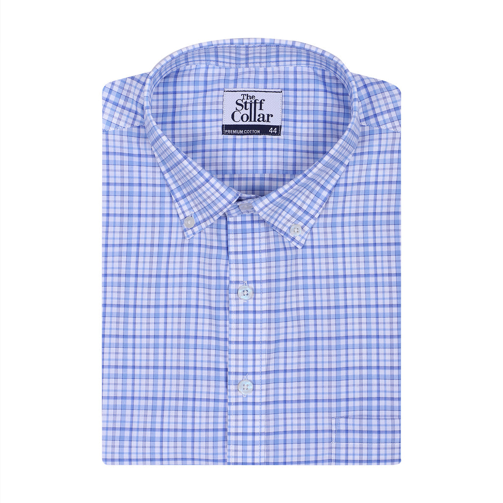 Luthai Gauguin Blue Zephir Checks Button Down 2 Ply Giza Cotton Shirt