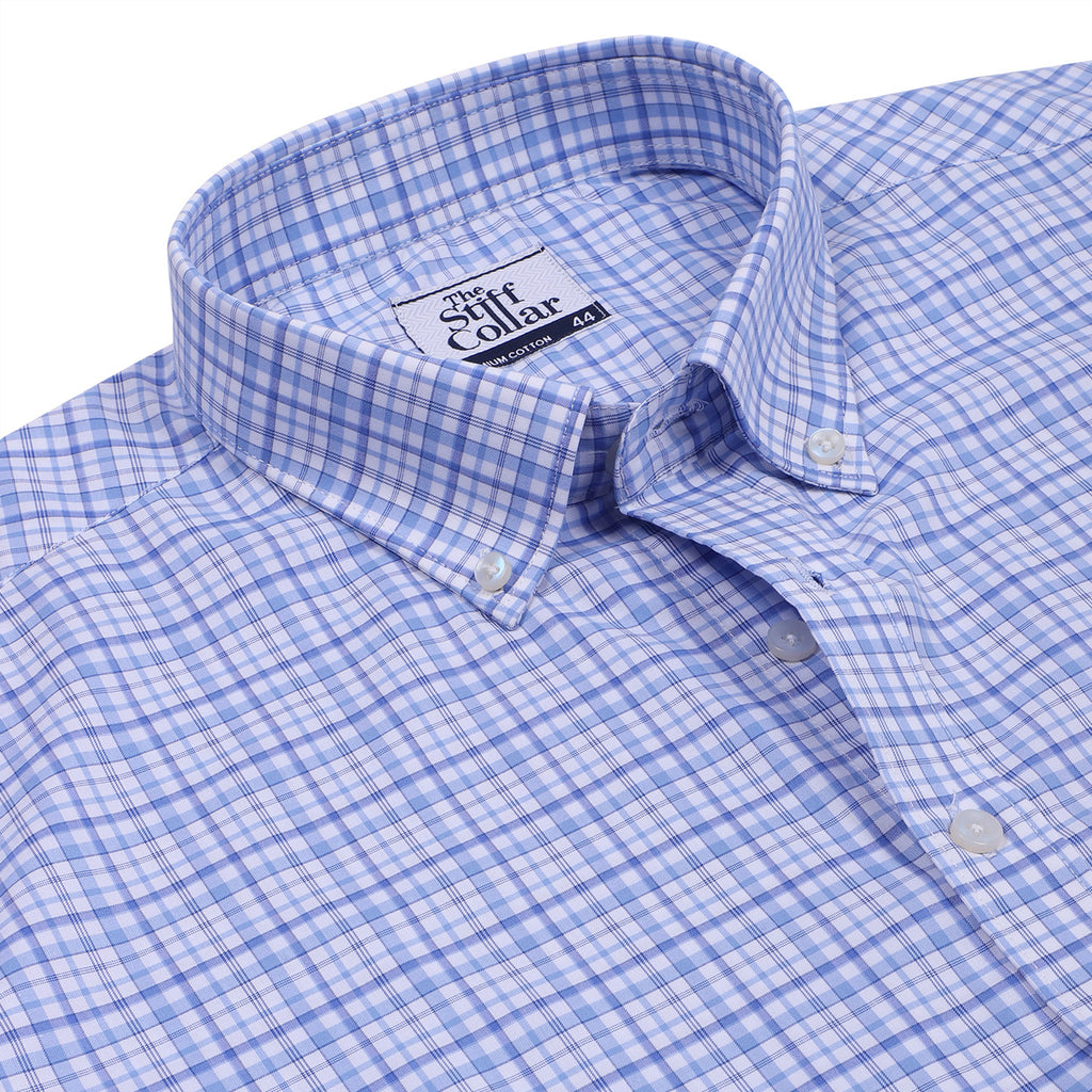 Luthai Gauguin Blue Zephir Checks Button Down 2 Ply Giza Cotton Shirt