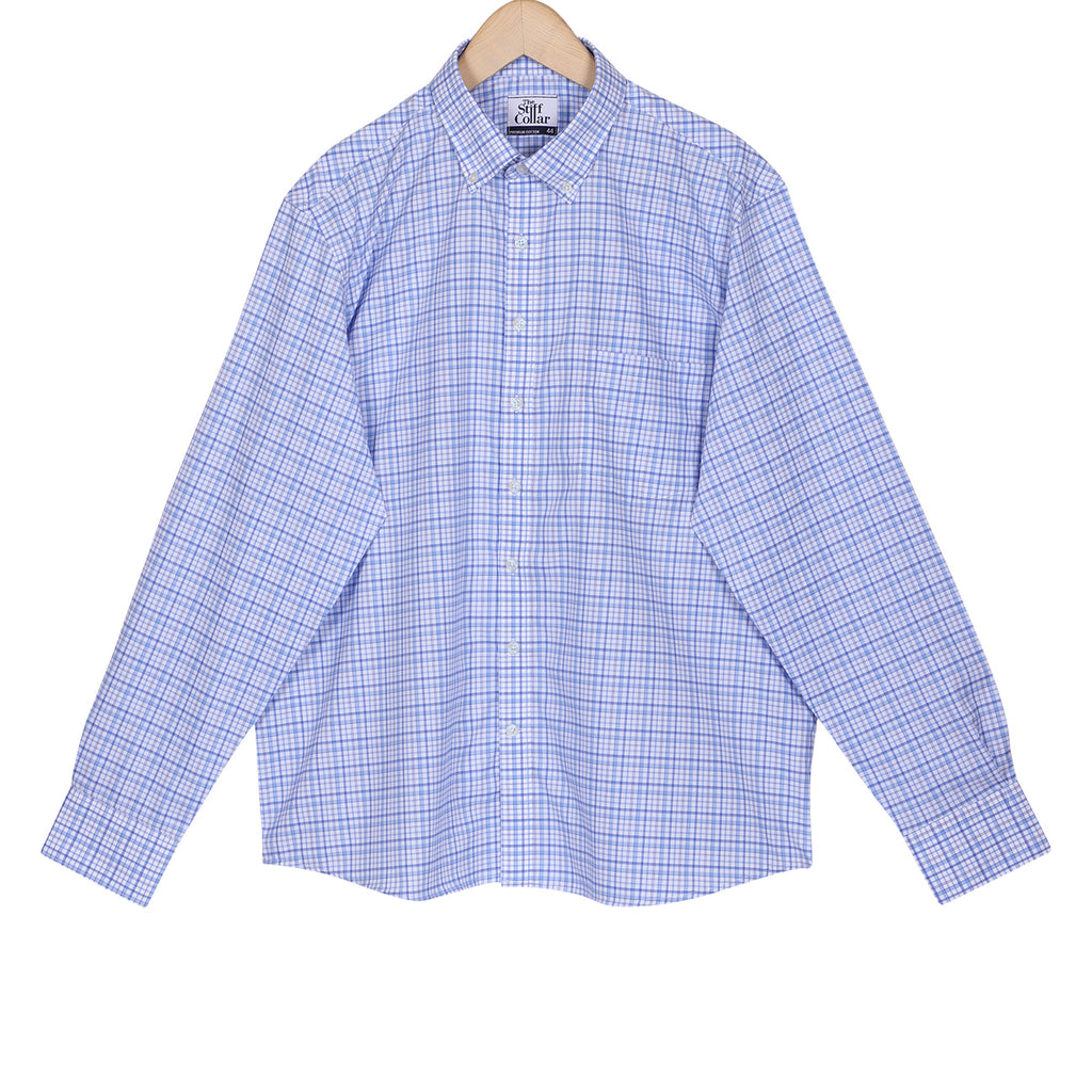 Luthai Gauguin Blue Zephir Checks Button Down 2 Ply Giza Cotton Shirt