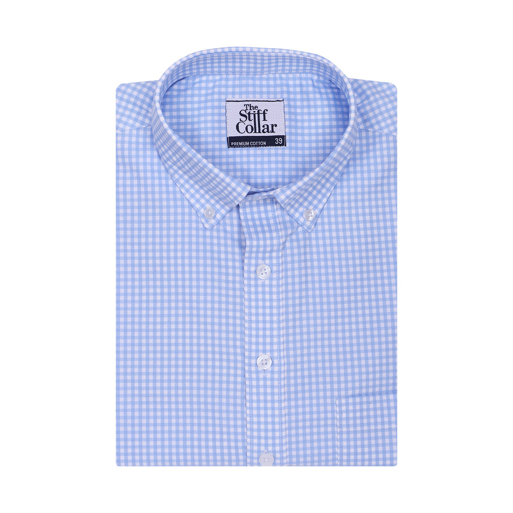 Luthai Harbor Blue Gingham Checks Button Down 2 Ply Giza Cotton Shirt