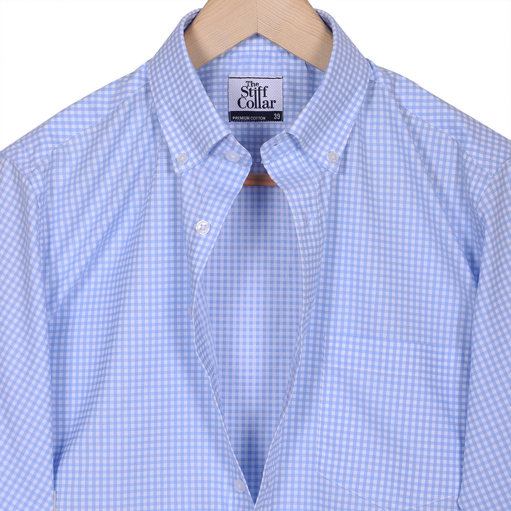 Luthai Harbor Blue Gingham Checks Button Down 2 Ply Giza Cotton Shirt