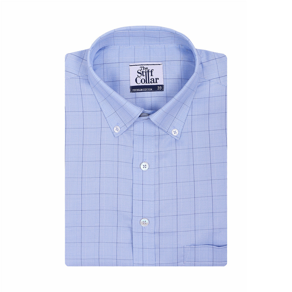 Luthai British Blue Glen Plaid Checks Button Down 2 Ply Giza Cotton Shirt