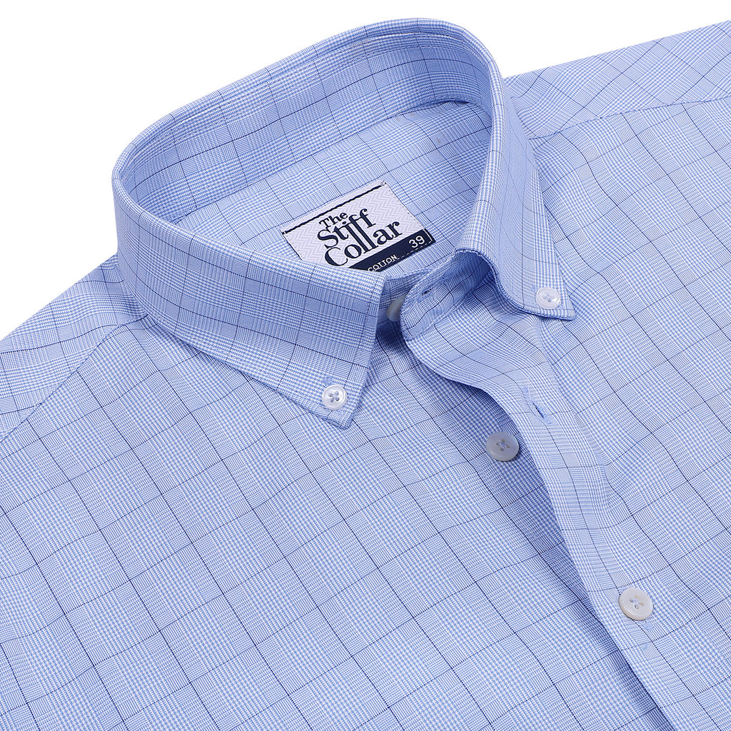Luthai British Blue Glen Plaid Checks Button Down 2 Ply Giza Cotton Shirt
