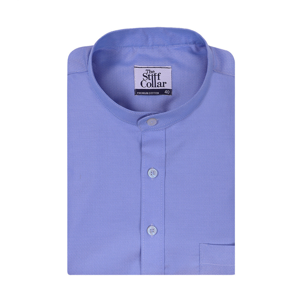 Italian Blue Structured Mandarin Collar 2 Ply Giza Cotton Shirt