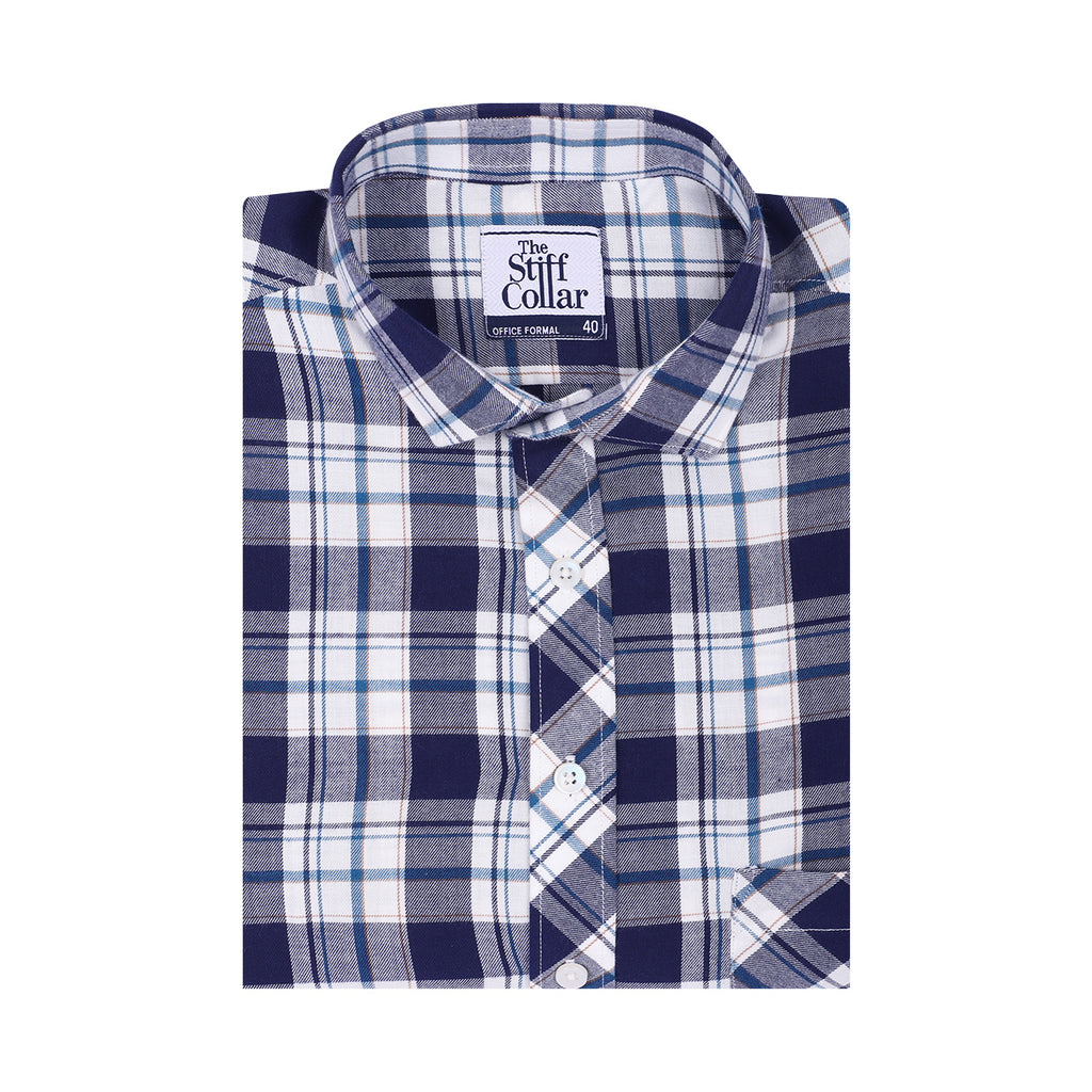 Navy Tartan Checks Half Sleeves Brushed Cotton Casual Shirt