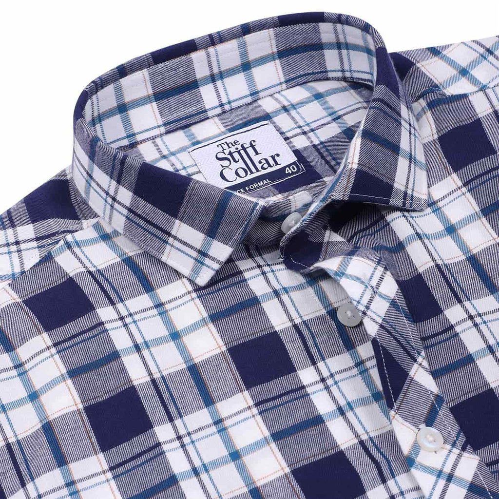 Navy Tartan Checks Half Sleeves Brushed Cotton Casual Shirt