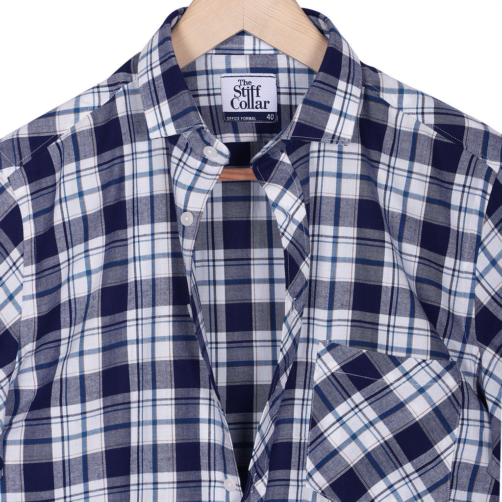 Navy Tartan Checks Half Sleeves Brushed Cotton Casual Shirt