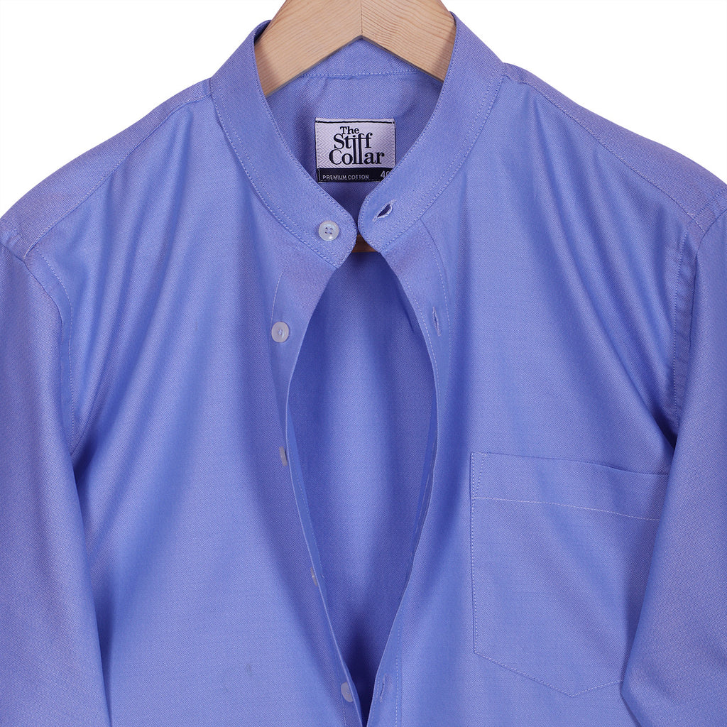 Italian Blue Structured Mandarin Collar 2 Ply Giza Cotton Shirt