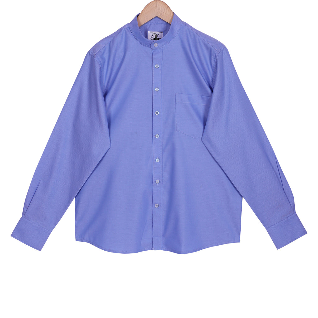 Italian Blue Structured Mandarin Collar 2 Ply Giza Cotton Shirt