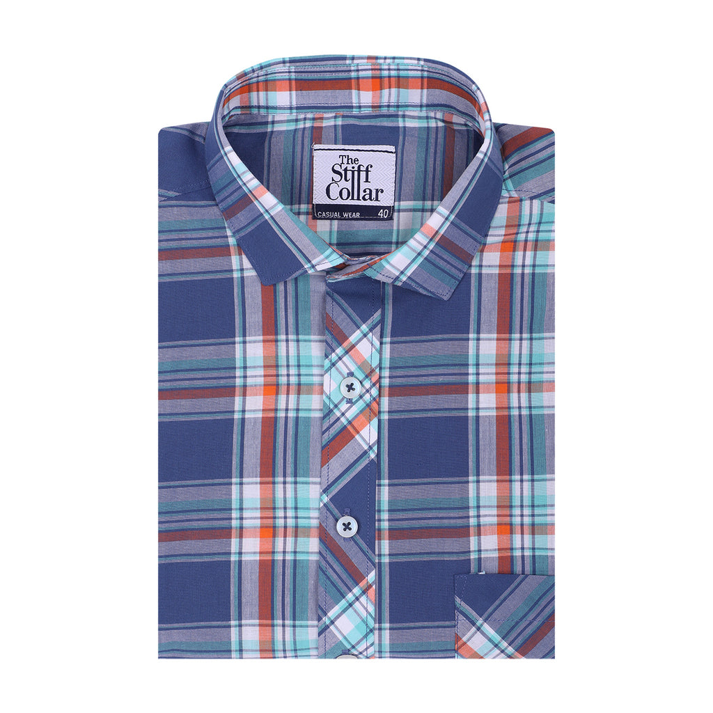 Space Grey Tartan Checks Half Sleeves Cotton Shirt