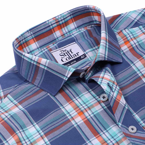 Luthai Prussian Navy Glen Plaid Checks Half Sleeve 2 Ply Giza Cotton Shirt