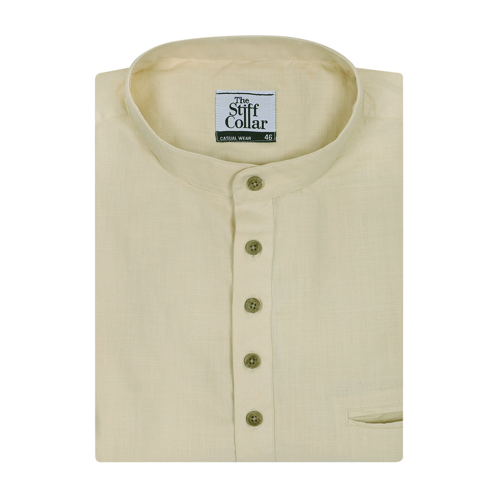 Soft Cream Cotton Linen Rolled-up Sleeve Slim Short Kurta