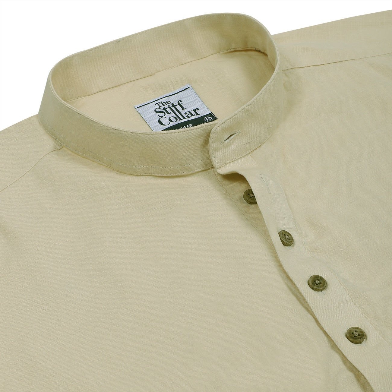Soft Cream Cotton Linen Rolled-up Sleeve Slim Short Kurta