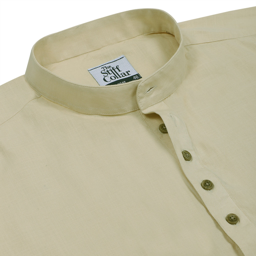 Soft Cream Cotton Linen Rolled-up Sleeve Slim Short Kurta