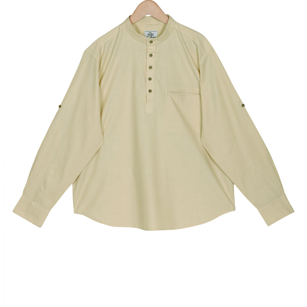 Soft Cream Cotton Linen Rolled-up Sleeve Slim Short Kurta