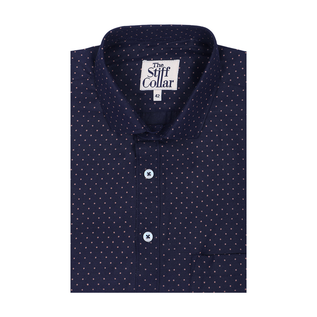 Steel Blue Polka Dots Print Non-Iron Regular Fit Half Sleeves