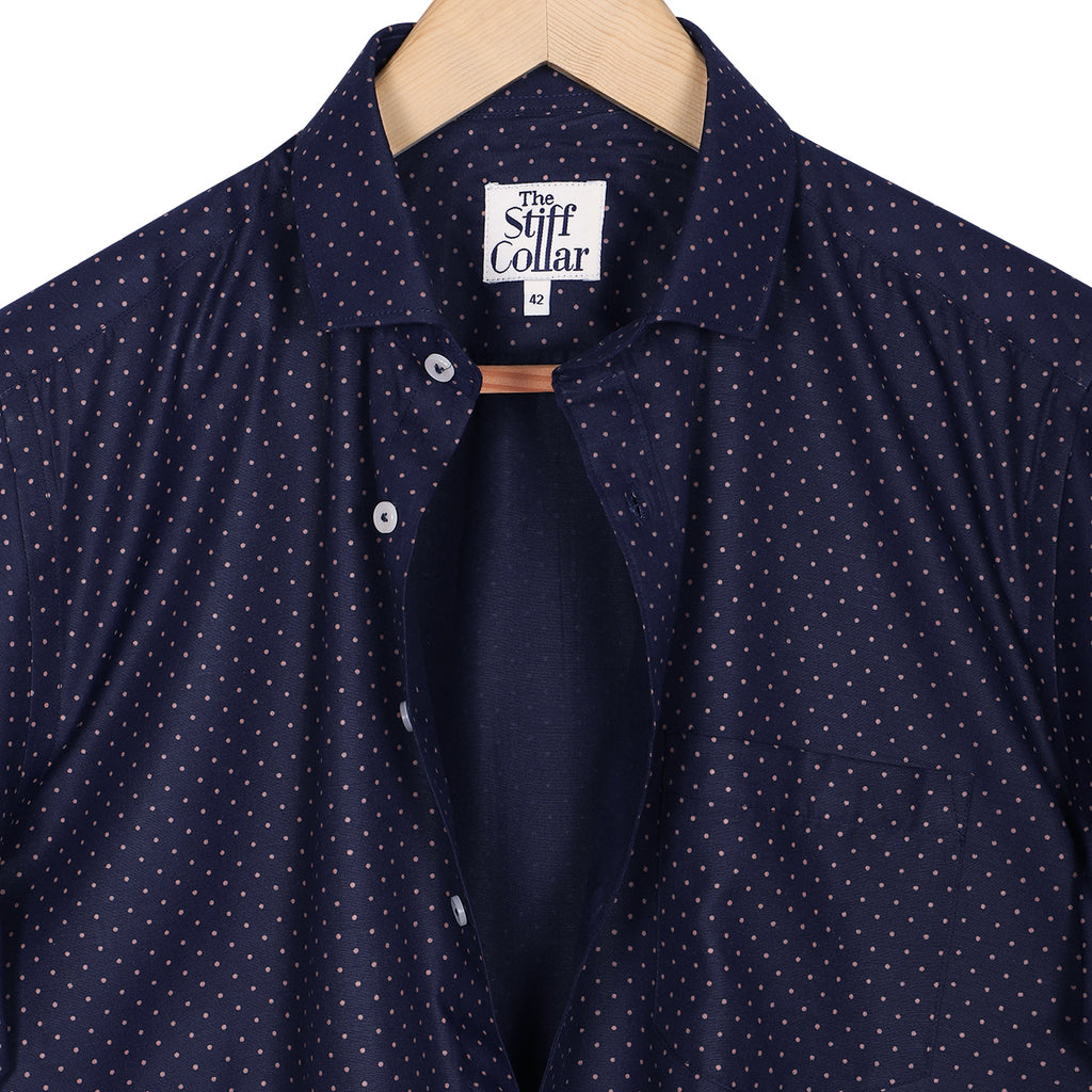 Steel Blue Polka Dots Print Non-Iron Regular Fit Half Sleeves