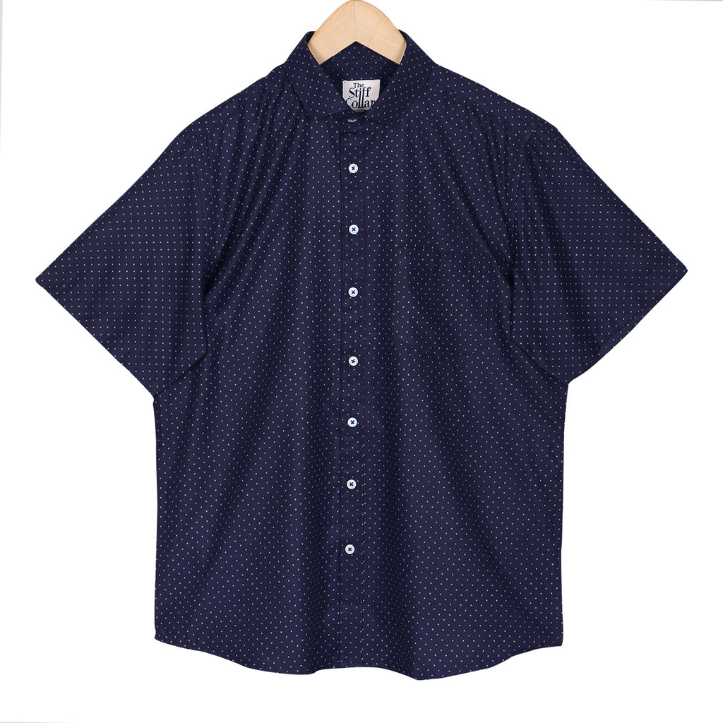 Steel Blue Polka Dots Print Non-Iron Regular Fit Half Sleeves