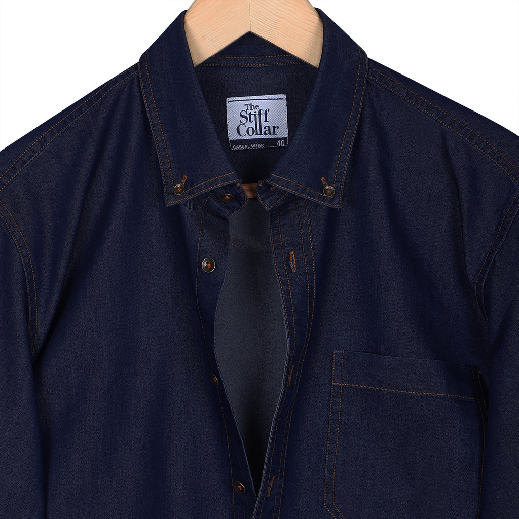 Indigo Blue Silky Denim Button Down Collar Shirt