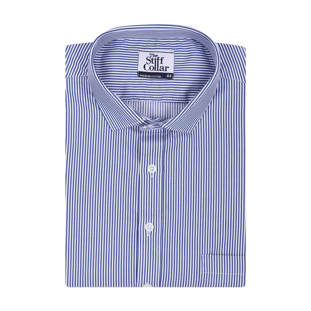 Luthai Regent Blue Stripes Half Sleeve 2 Ply Giza Cotton Shirt