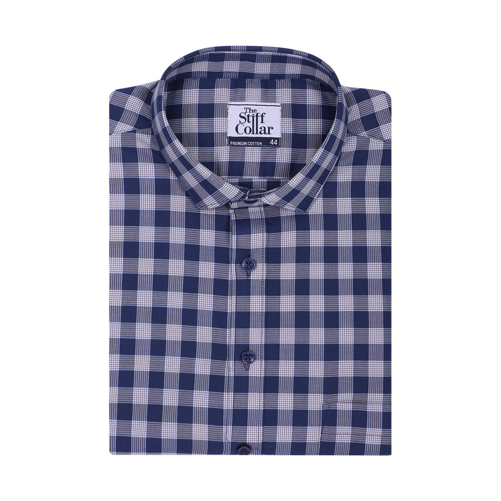 Luthai Prussian Navy Glen Plaid Checks Half Sleeve 2 Ply Giza Cotton Shirt