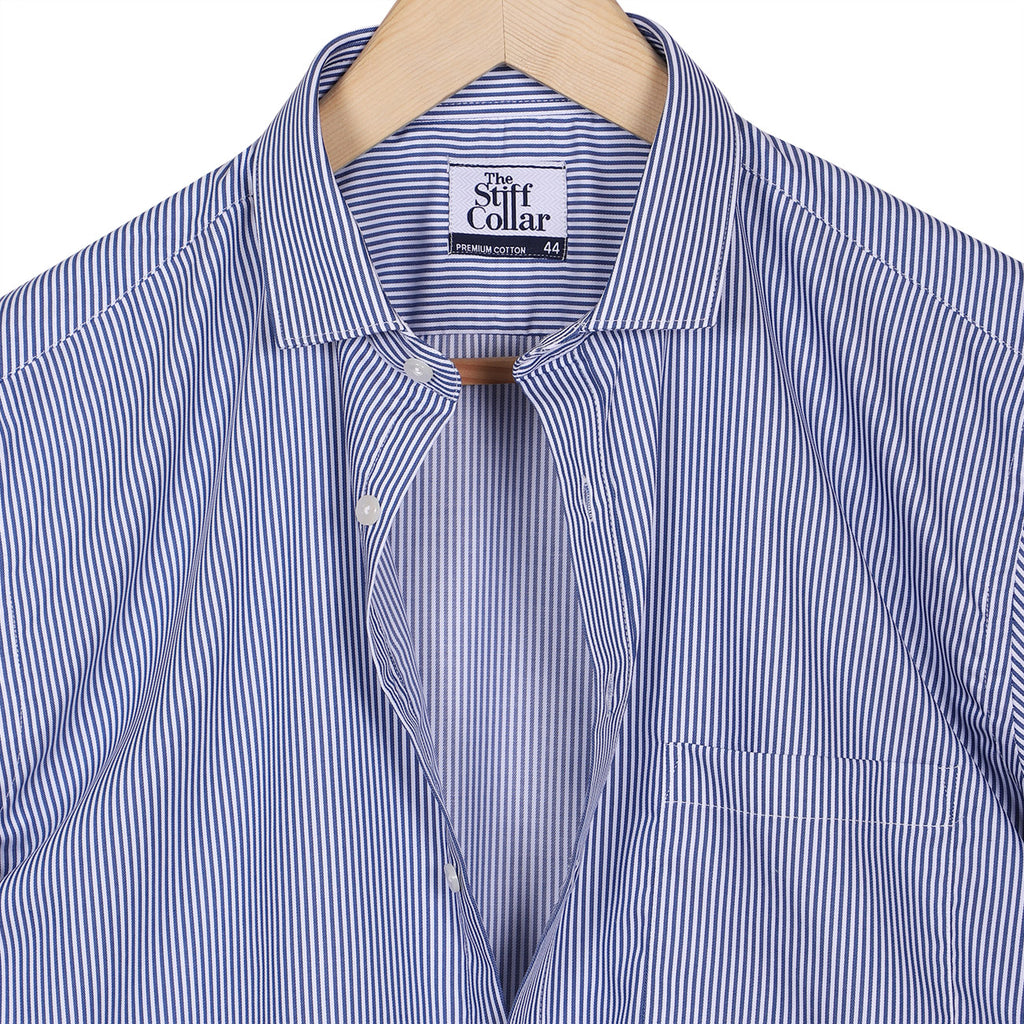 Luthai Regent Blue Stripes Half Sleeve 2 Ply Giza Cotton Shirt