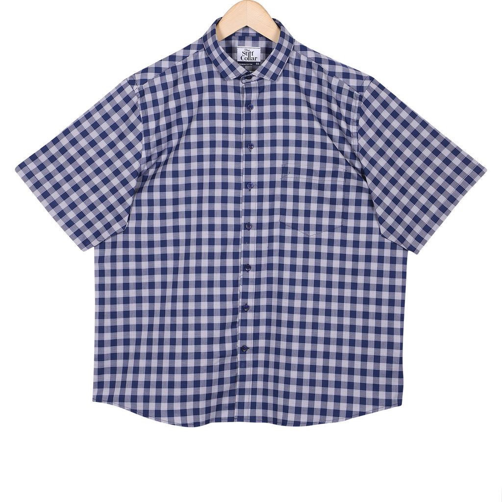 Luthai Prussian Navy Glen Plaid Checks Half Sleeve 2 Ply Giza Cotton Shirt