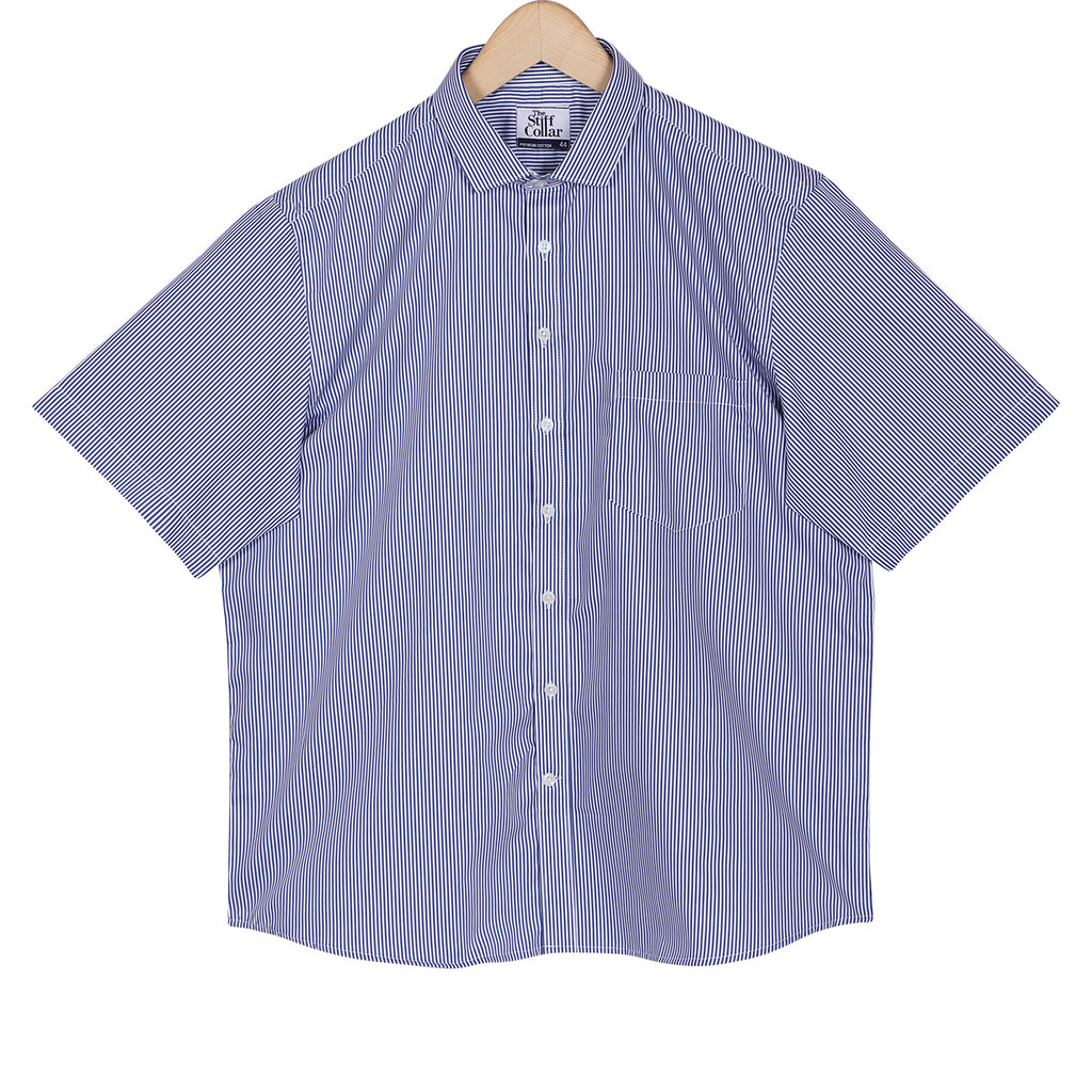Luthai Regent Blue Stripes Half Sleeve 2 Ply Giza Cotton Shirt