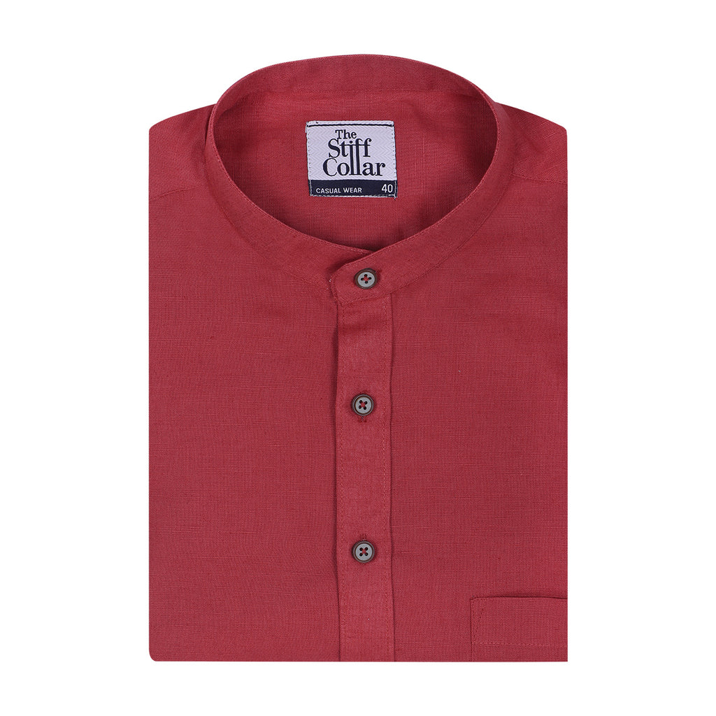 Currant Red Mandarin Collar Cotton Shirt