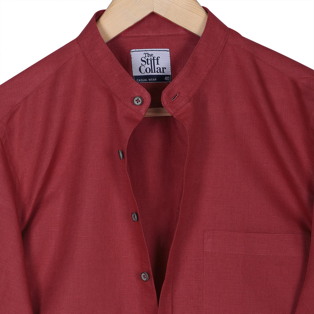 Currant Red Mandarin Collar Cotton Shirt
