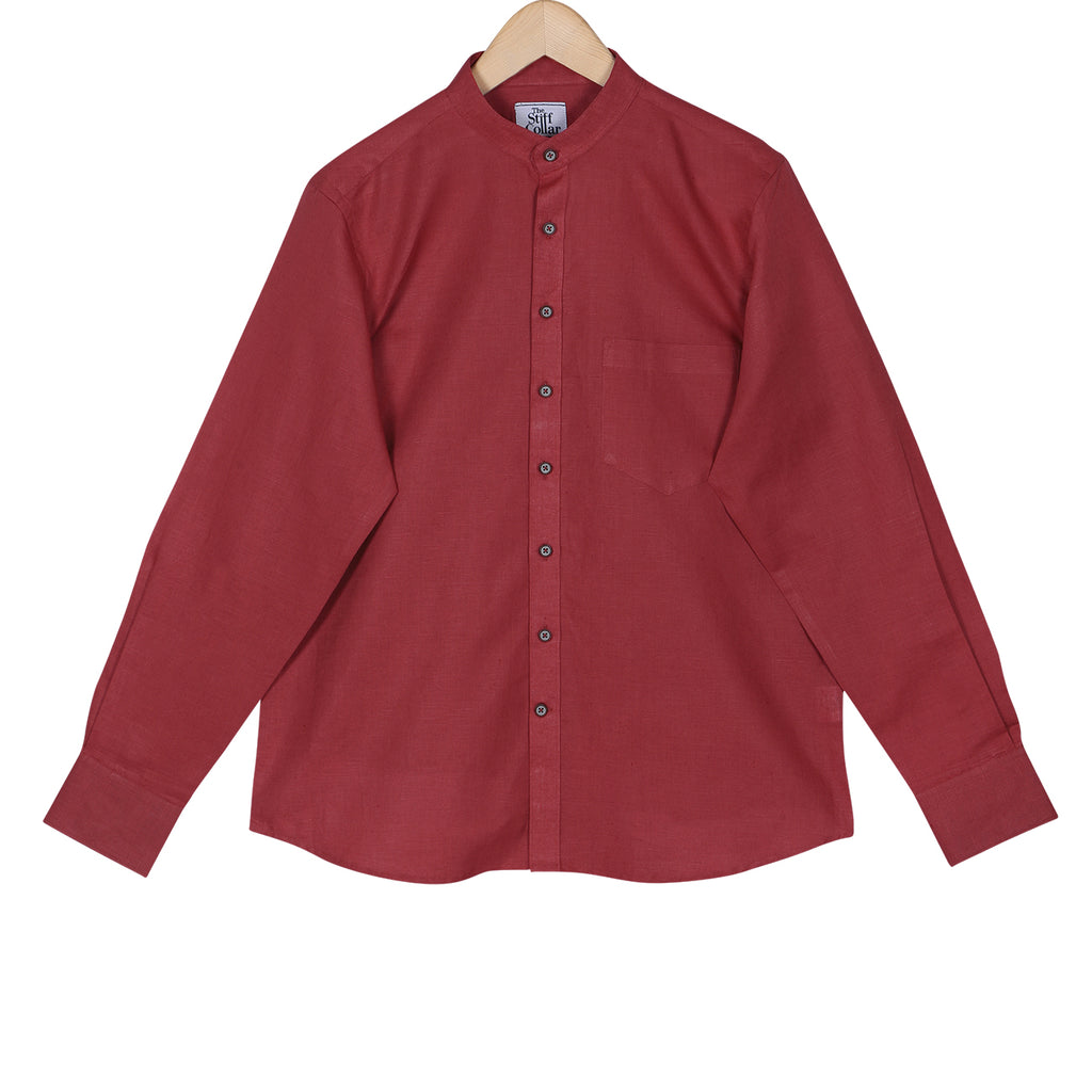 Currant Red Mandarin Collar Cotton Shirt