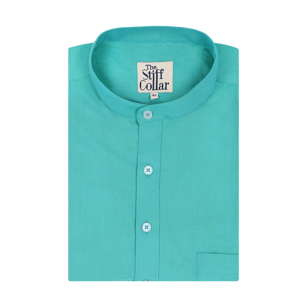 Emerald Green Chambray Mandarin Collar Giza Cotton Shirt