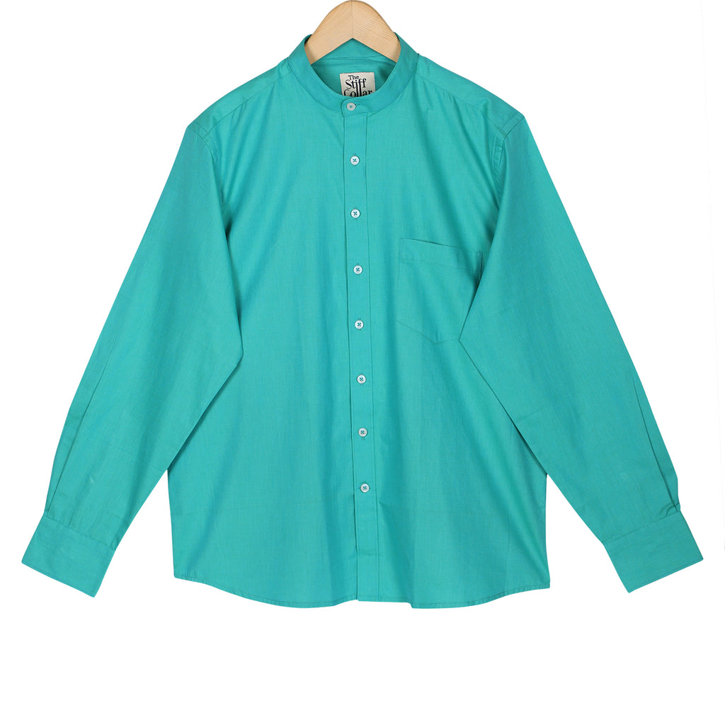 Emerald Green Chambray Mandarin Collar Giza Cotton Shirt