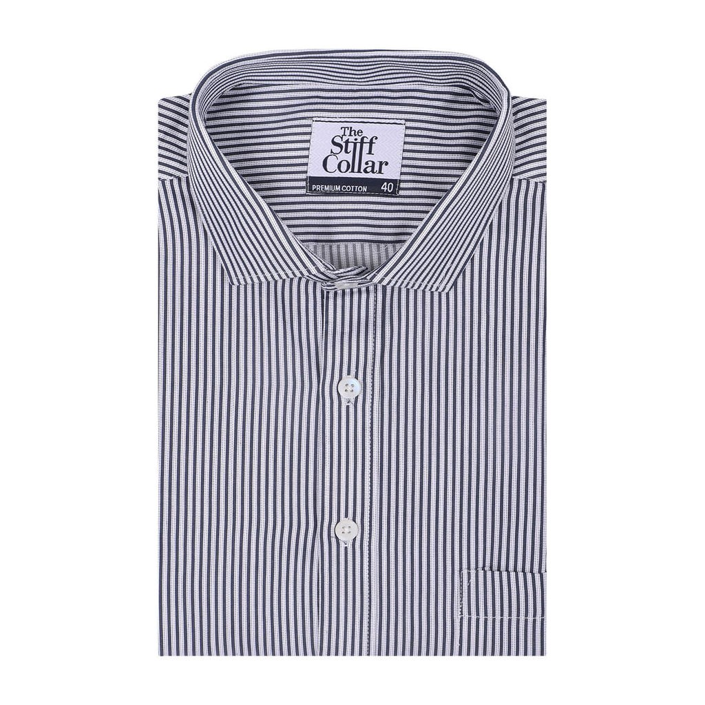 Monti French Navy Blue Stripes Satin Cotton Shirt