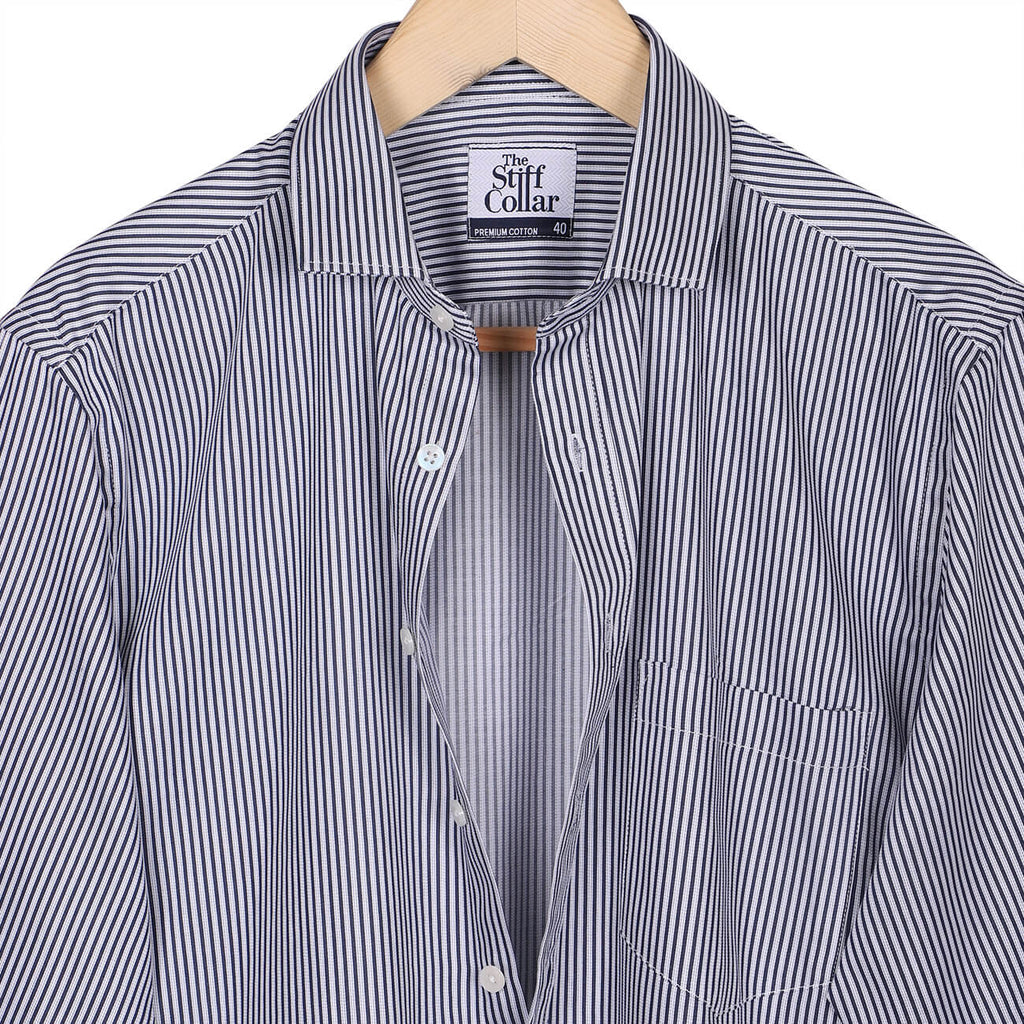 Monti French Navy Blue Stripes Satin Cotton Shirt