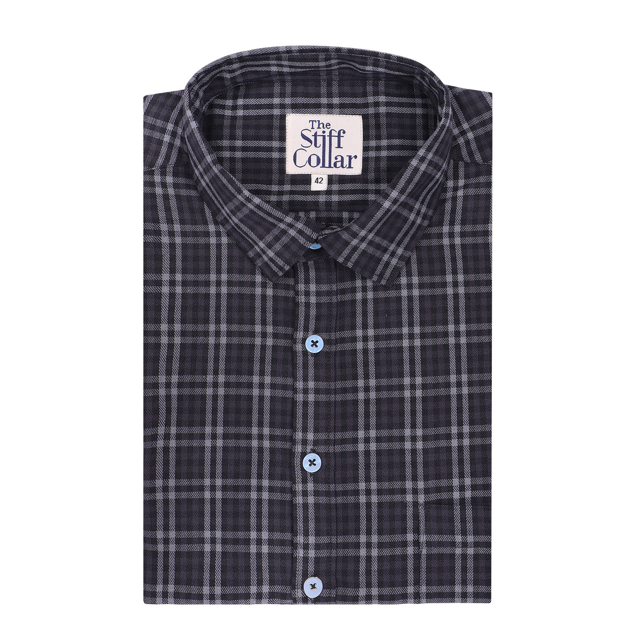 Iron Grey Checked Half Sleeve Regular Fit Cotton Twill Shirt