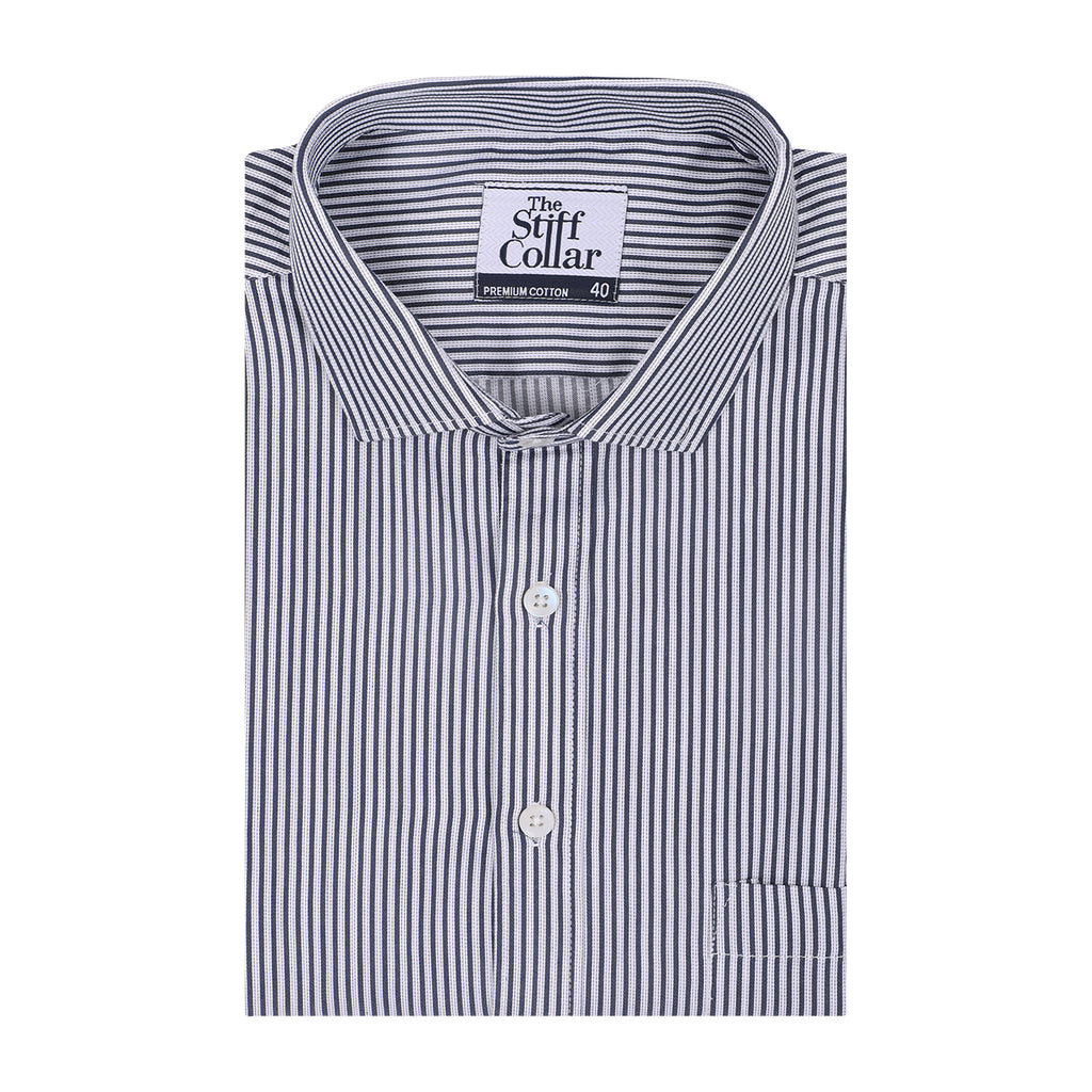 Monti French Navy Blue Stripes Satin Half Sleeve Shirt