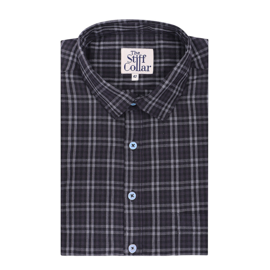 Iron Grey Checked Half Sleeve Regular Fit Cotton Twill Shirt