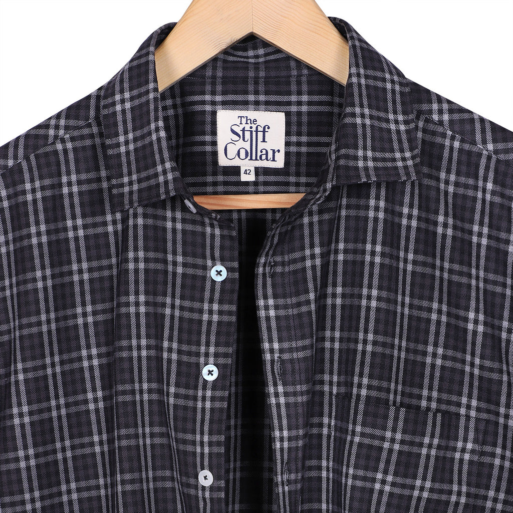 Iron Grey Checked Half Sleeve Regular Fit Cotton Twill Shirt