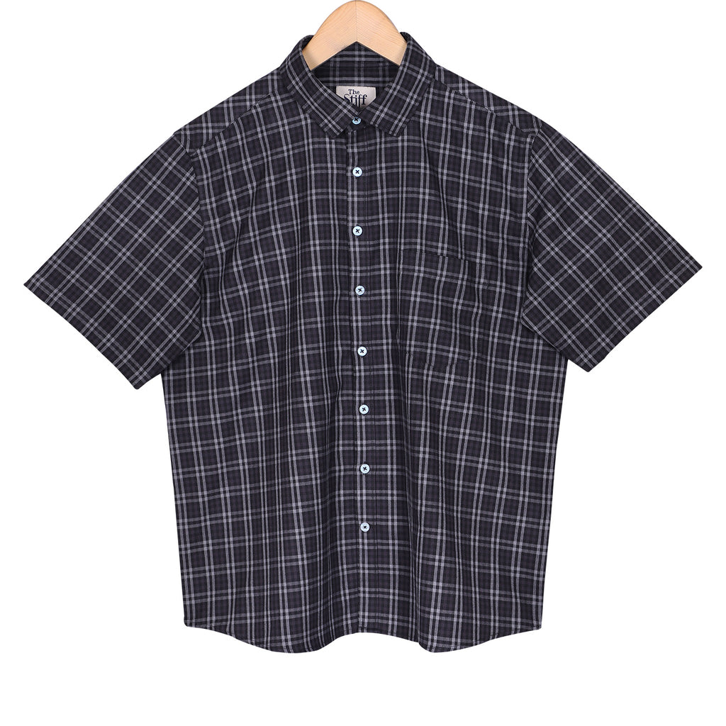 Iron Grey Checked Half Sleeve Regular Fit Cotton Twill Shirt