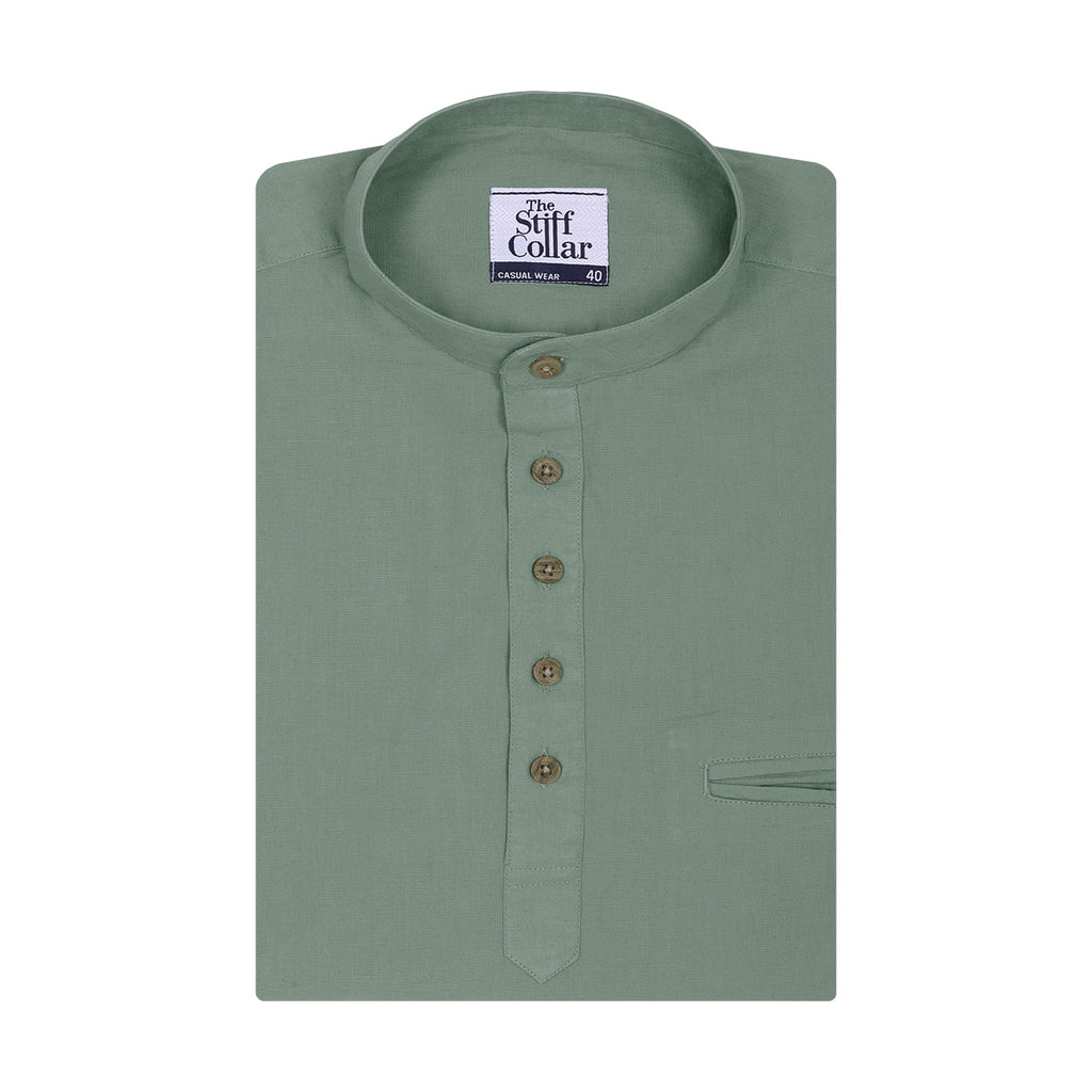 Jade Green Cotton Linen Rolled-up Sleeve Slim Short Kurta