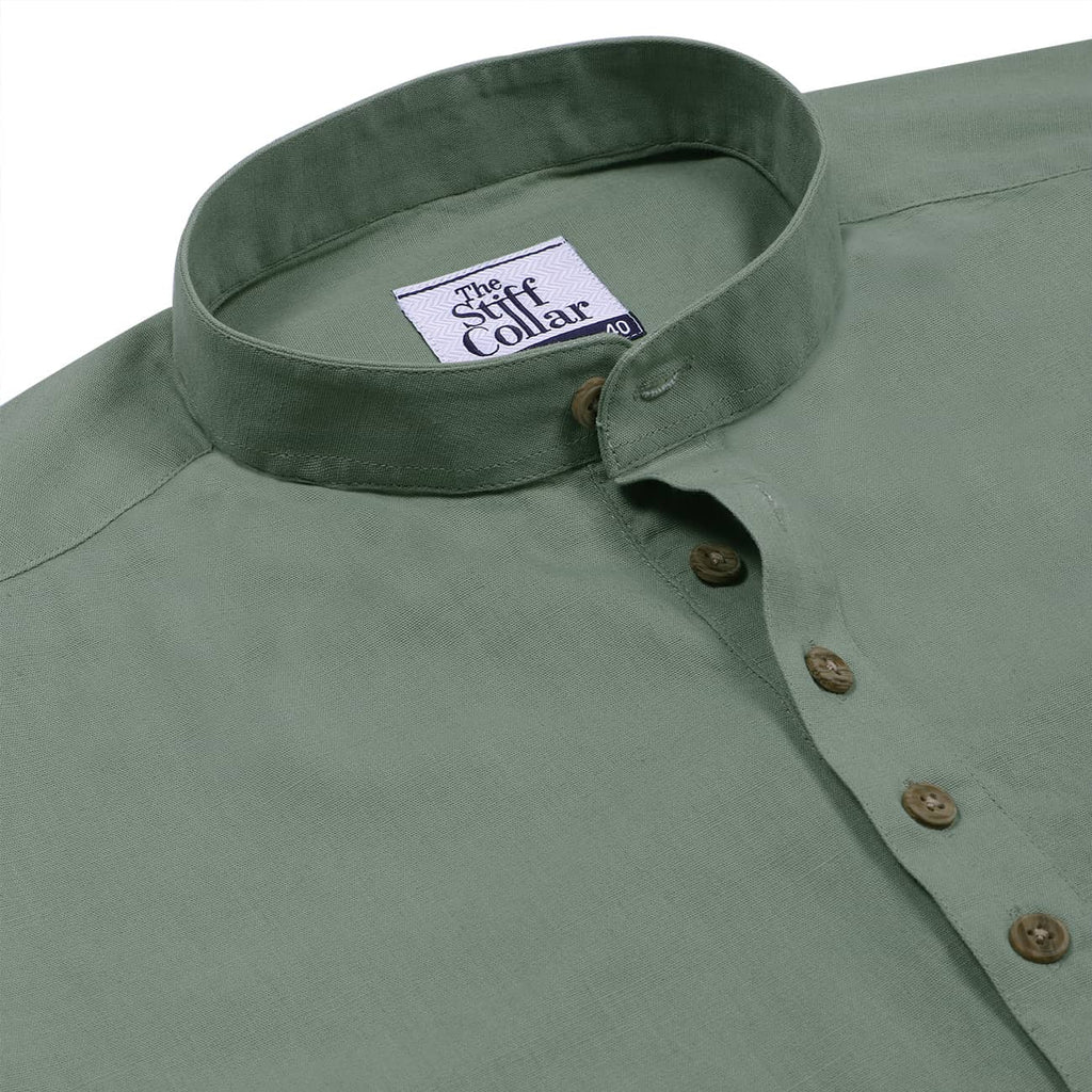Jade Green Cotton Linen Rolled-up Sleeve Slim Short Kurta